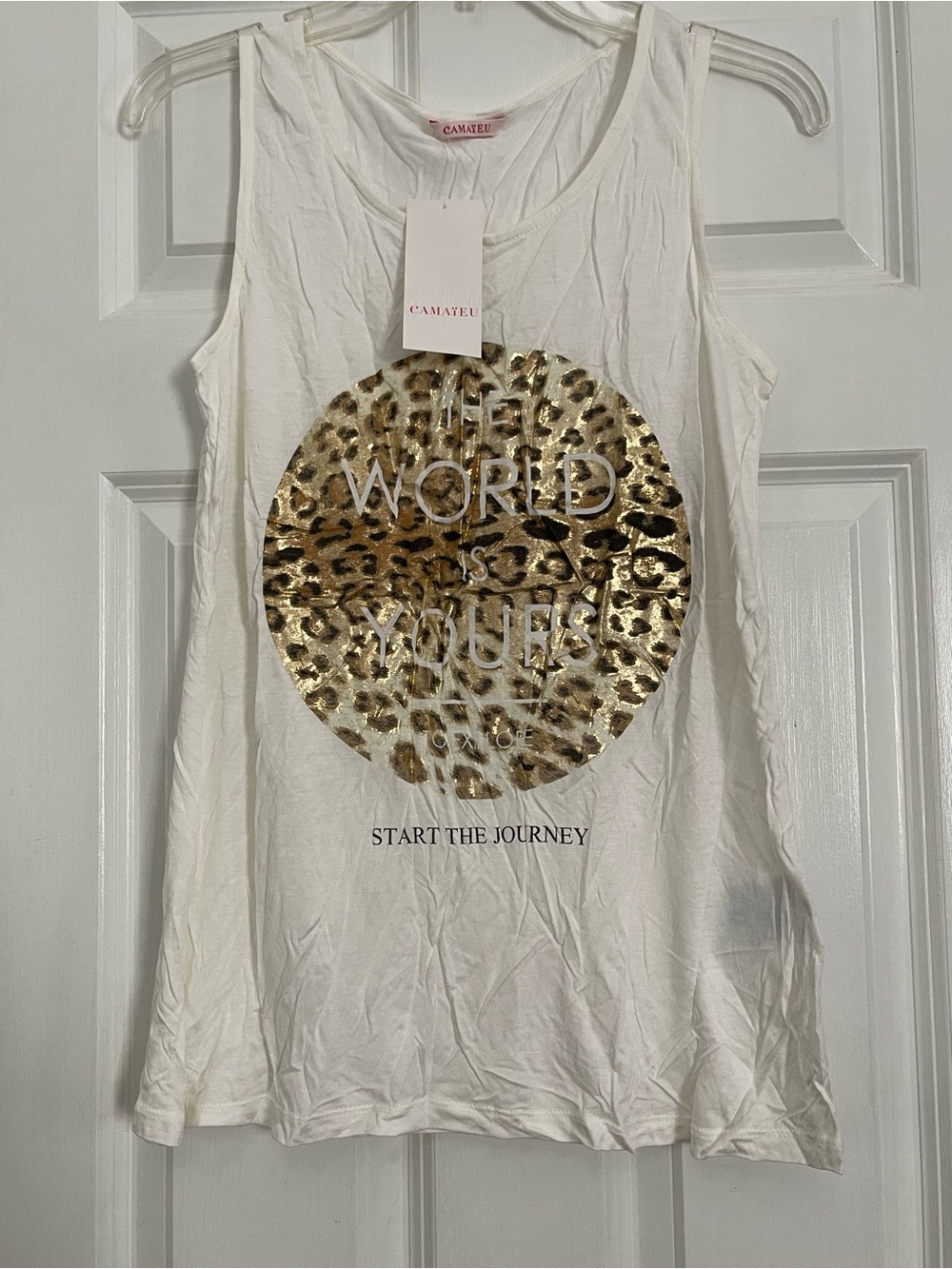 Camaieu White Tank Top with Gold Leopard Circle Graphic